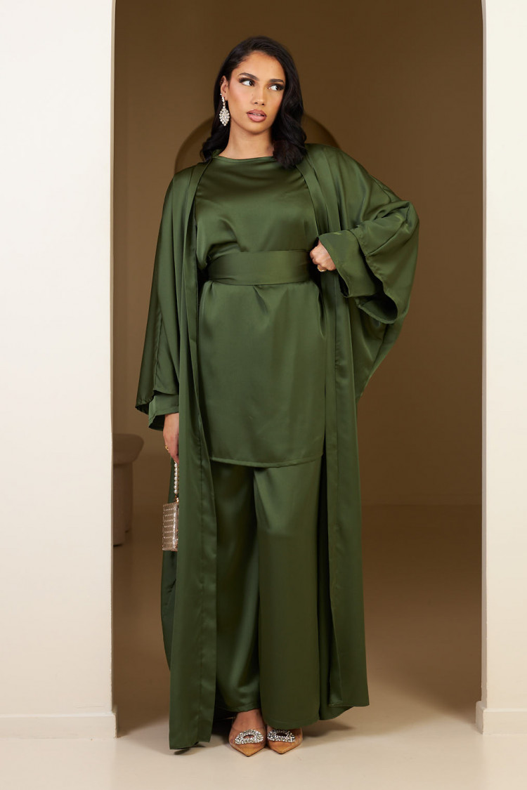 Ensemble 3 pièces blouse + pantalon + gilet + ceinture kaki