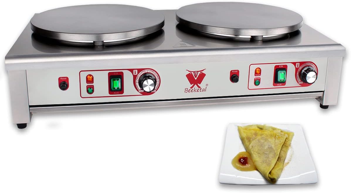 Beeketal 'BC40-2' Gastro Doppel Crepes Maker mit 2x Ø 400 mm Gusseisen Crepesplatten, 50-300 °C einstellbar, Platten separat regelbar, Profi Crepiere im Edelstahl Gehäuse mit extra Schublade
