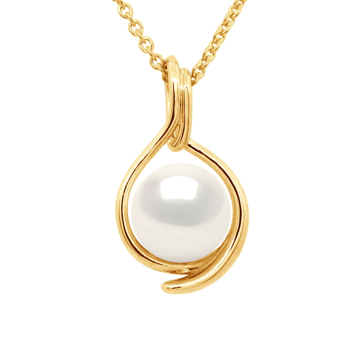 Pendentif RECTO VERSO - Véritable Perle de Culture d'Eau Douce Ronde 8-9 mm - Blanc Naturel - Or Jaune