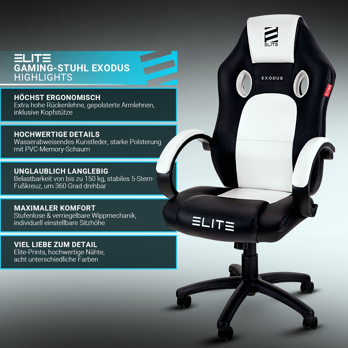 ELITE Gaming-Stuhl EXODUS, Memory-Schaum, extra hohe Rückenlehne, Wippmechanik, Armpolster, MG100 (Schwarz Rot)