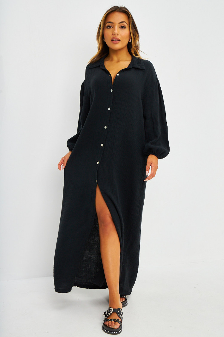 Robe chemise longue en coton texturé noir