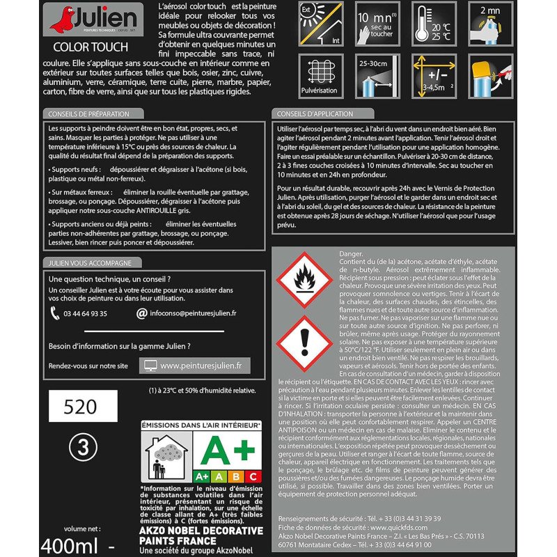 Peinture mate multi-supports Color Touch Julien - Aérosol de 400 ml, gris anthracite