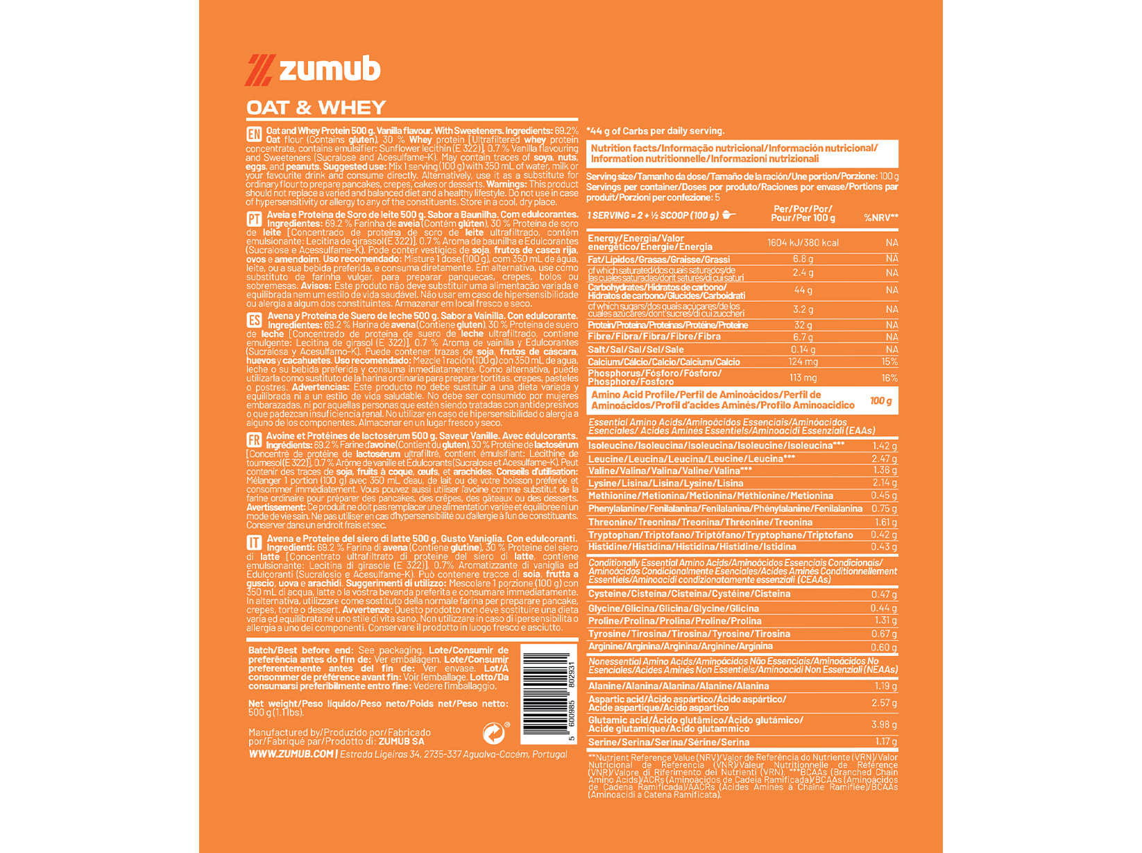 PROTEINA ZUMUB AVEIA & WHEY BAUNILHA 500 G