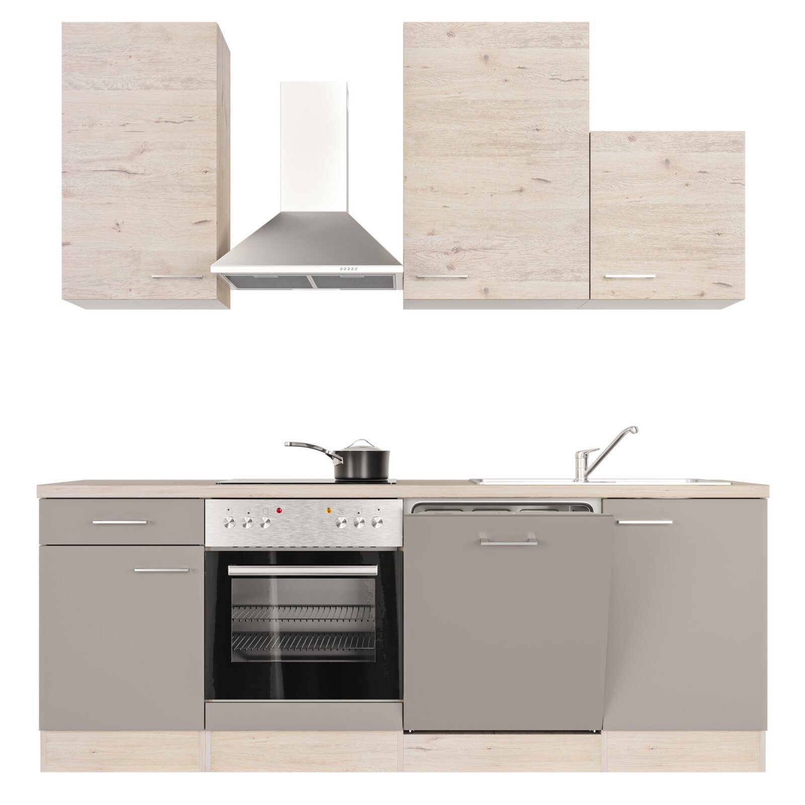 Küchenblock RIVA - Quarz Cubanit - San Remo Eiche hell - mit E-Geräten - 220 cm