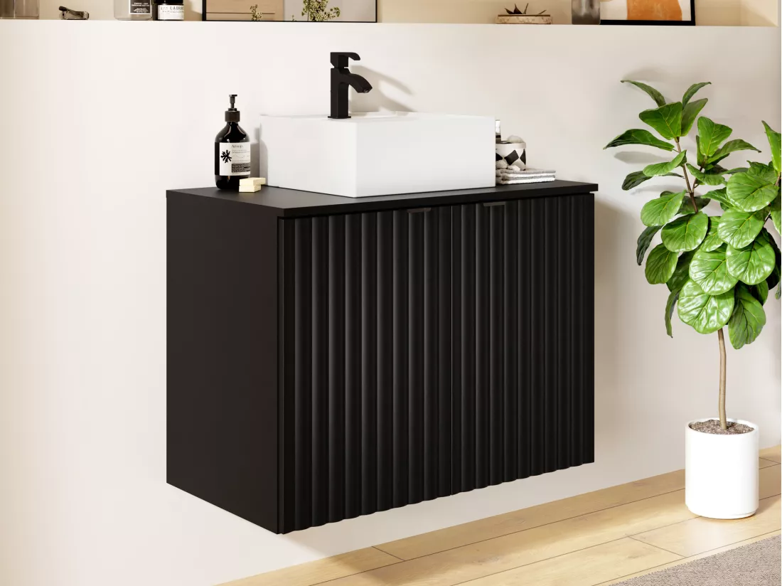 Meuble de salle de bain suspendu strié avec vasque à poser - Noir - L80 cm - ZILGA