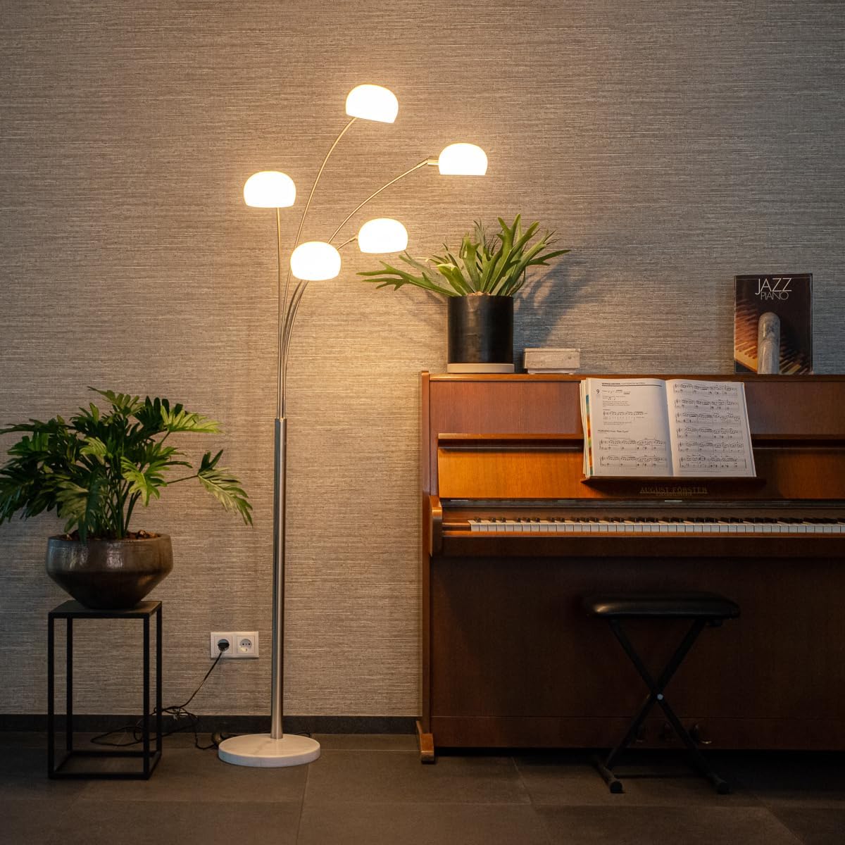 Qazqa - Design Stehleuchte I Stehlampe I Standleuchte I Lampe I Leuchte stahl I nickel matt mit Opalglas 5-flammig - Sixties Marmo I Wohnzimmer I Schlafzimmer - Stahl Länglich - LED geeignet E14