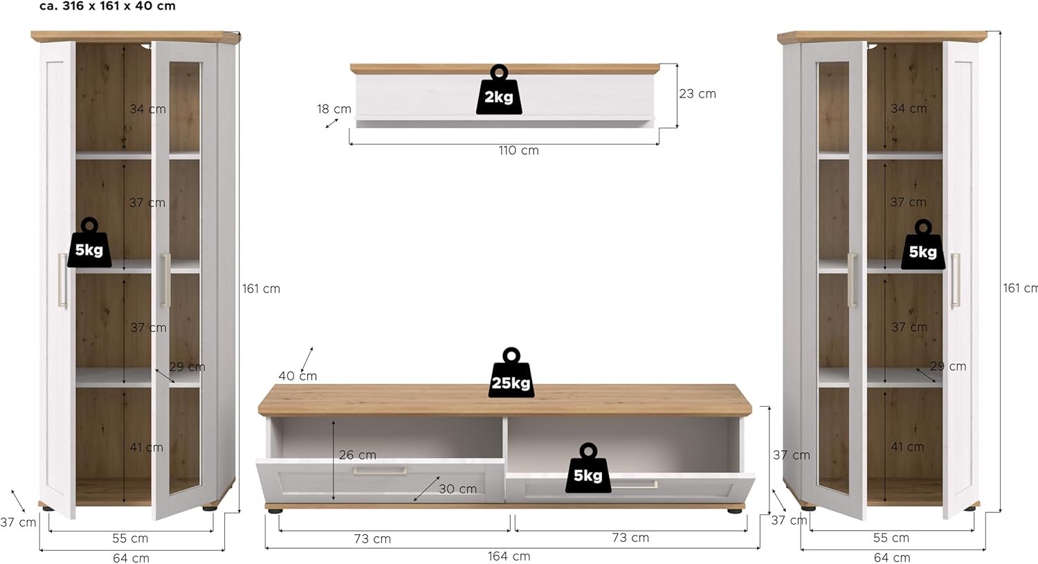 xonox.home Wohnzimmer Verona 4tlg. Set Wohnkombination Wohnwand Wohnzimmermöbel Wohnzimmerschrank Möbelkombination Wohnzimmerset in Sibiu Lärche Nb. Absetzung Artisan Eiche Nb.