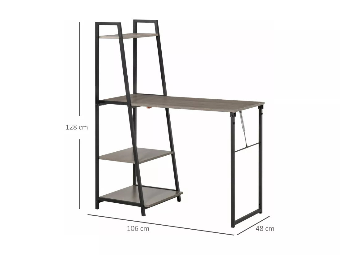 Bureau pliable rabattable - bureau bibliothèque 2 en 1 - 4 étagères - imitation bois gris métal noir