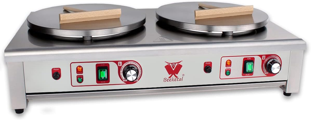 Beeketal 'BC40-2' Gastro Doppel Crepes Maker mit 2x Ø 400 mm Gusseisen Crepesplatten, 50-300 °C einstellbar, Platten separat regelbar, Profi Crepiere im Edelstahl Gehäuse mit extra Schublade