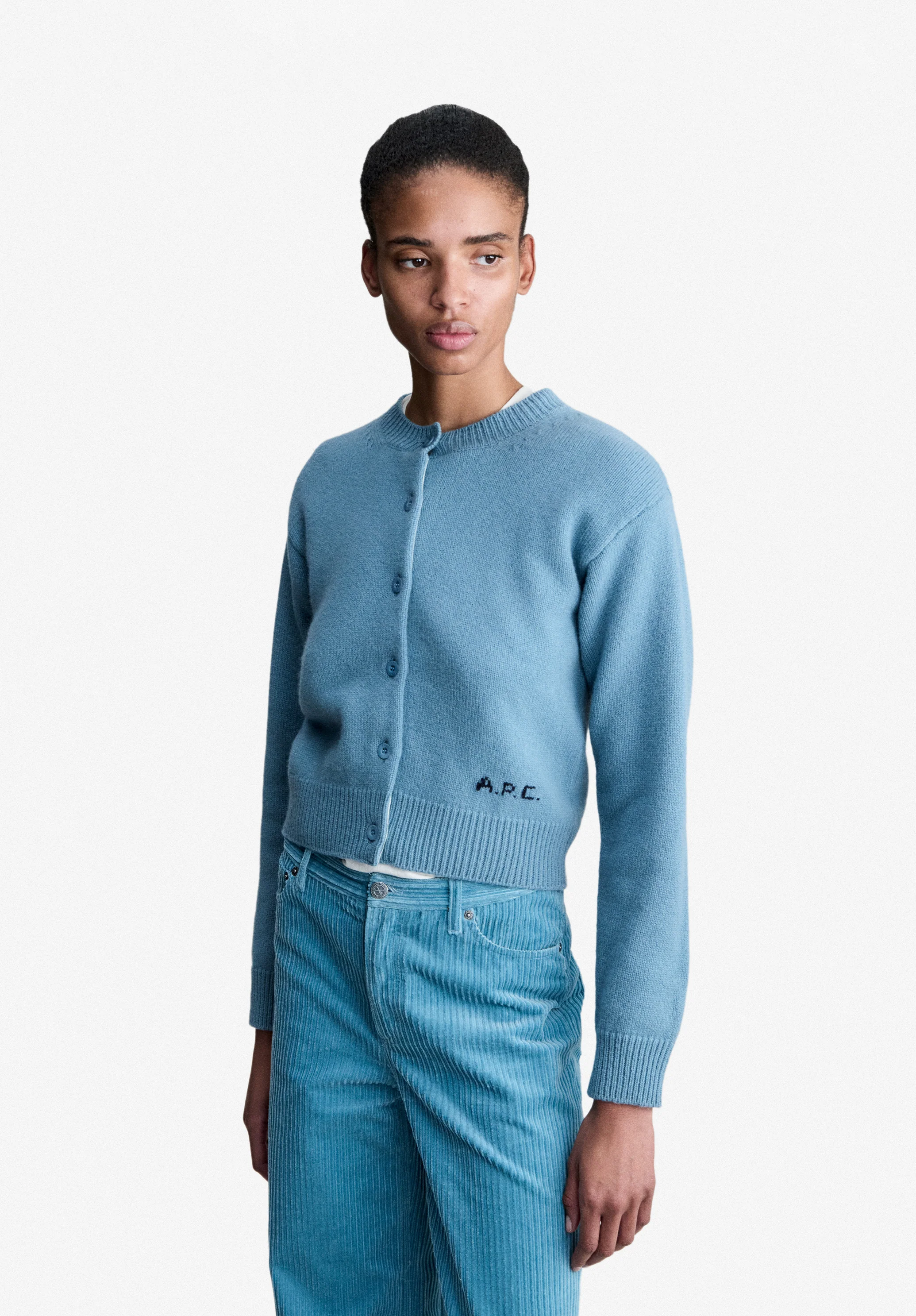 Cardigan court en laine gris bleu - Gris bleu