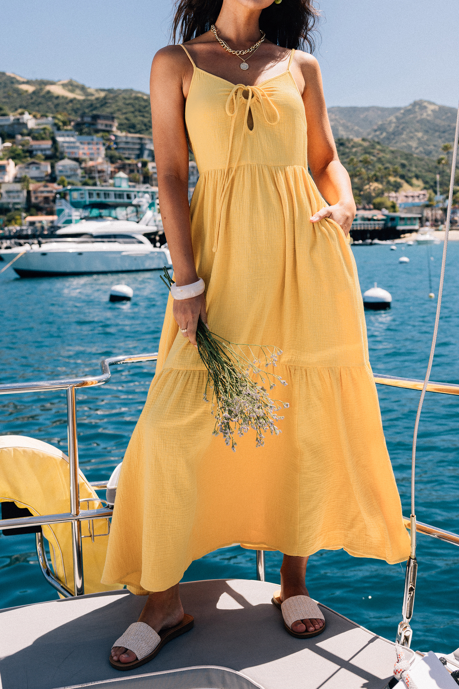 Robe maxi en pur coton à col rond et bretelles jaune