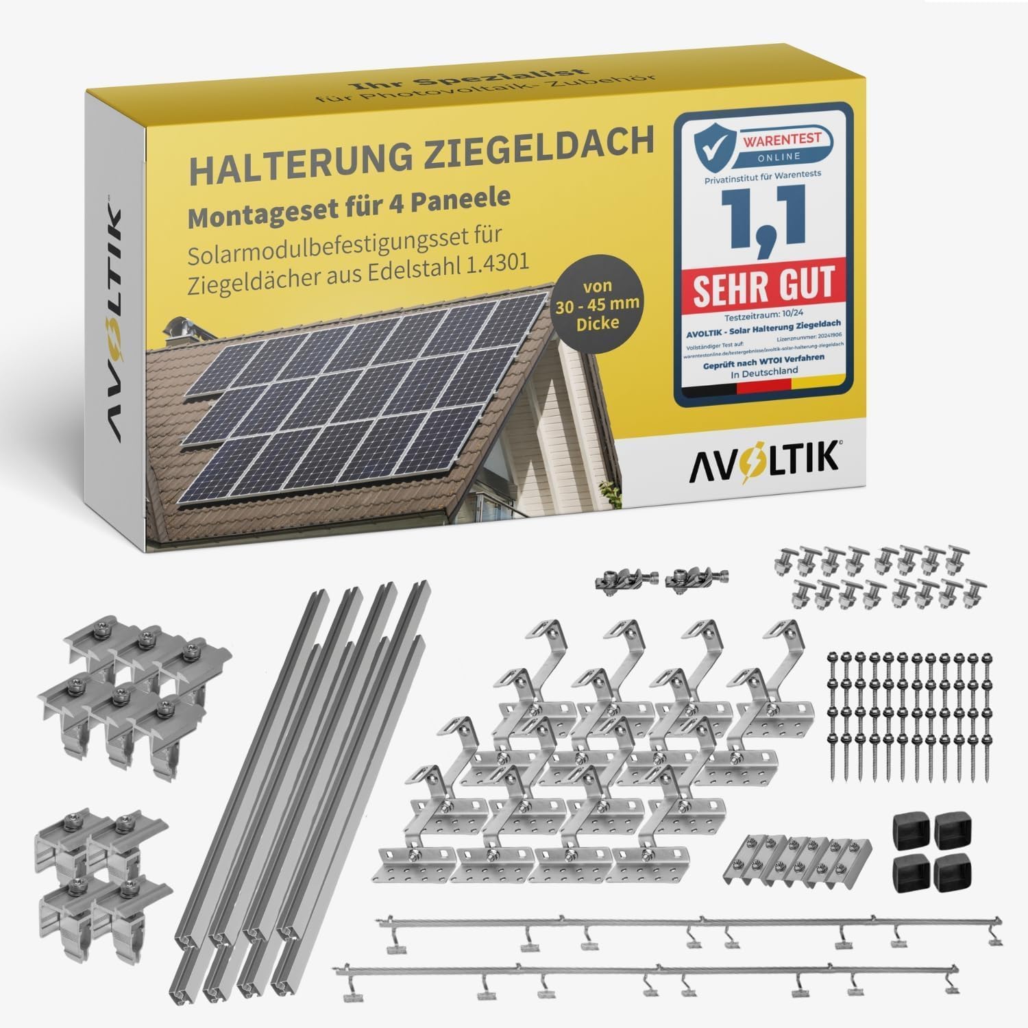 Solar Halterung Ziegeldach I Set für 4 PV Module 30-45mm I Solarmodul Halterung Balkonkraftwerk I Solarmodulbefestigungsset für Ziegeldächer aus Edelstahl 1.4301 I PV-Halterung Montageset