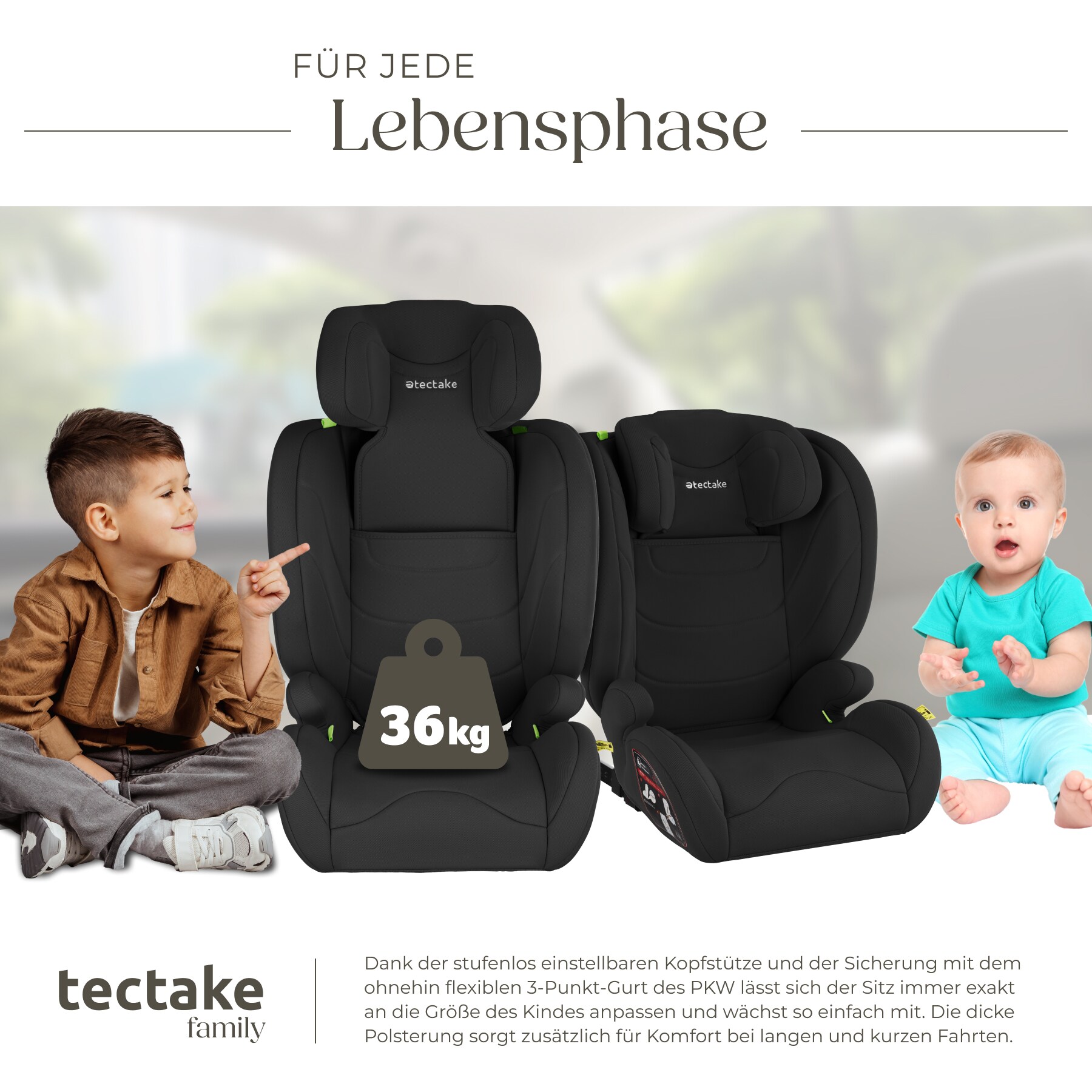 tectake® Autositz, i-Size Zulassung, ISOFIX-Installation, mit Seitenaufprallschutz, extra dicke Polsterung, von 100 bis 150 cm, Belastbarkeit 36 kg