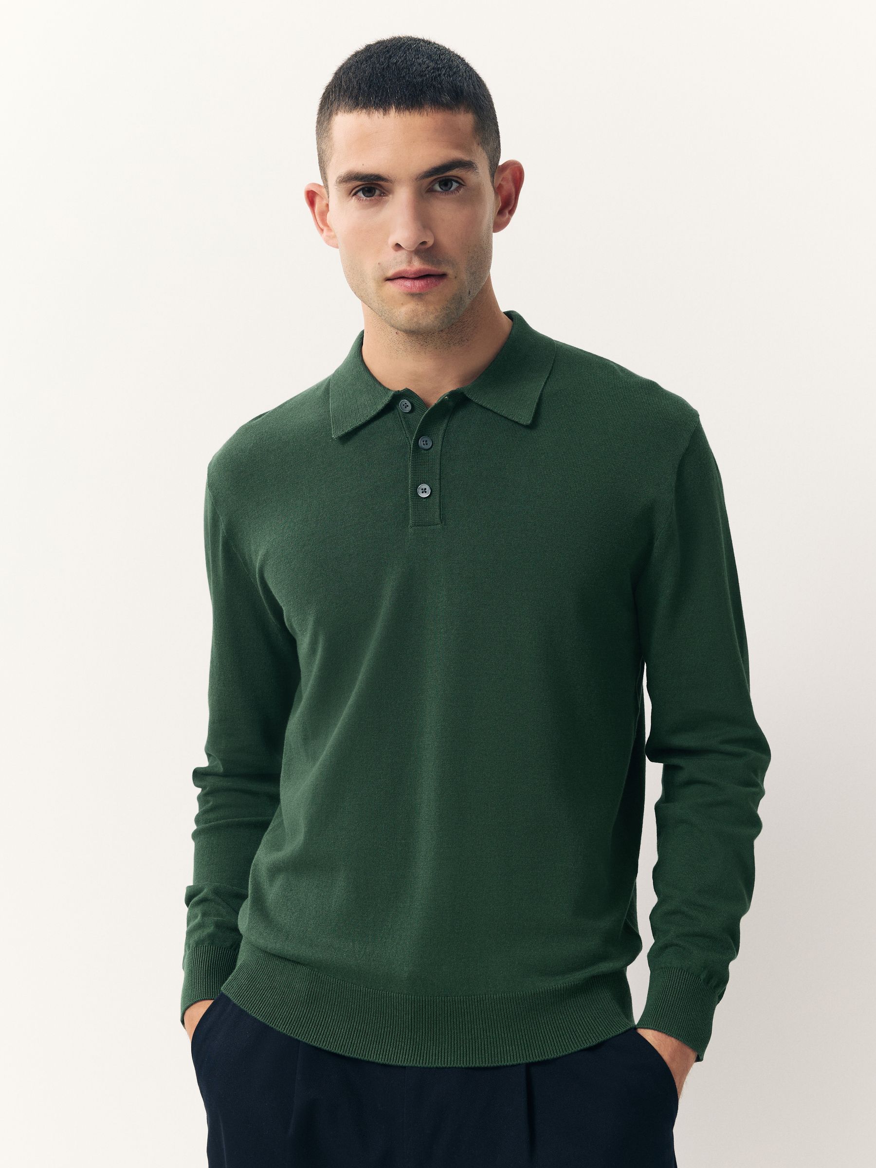Donkergroen - Normale Pasvorm - Katoenrijk gebreid poloshirt met lange mouwen