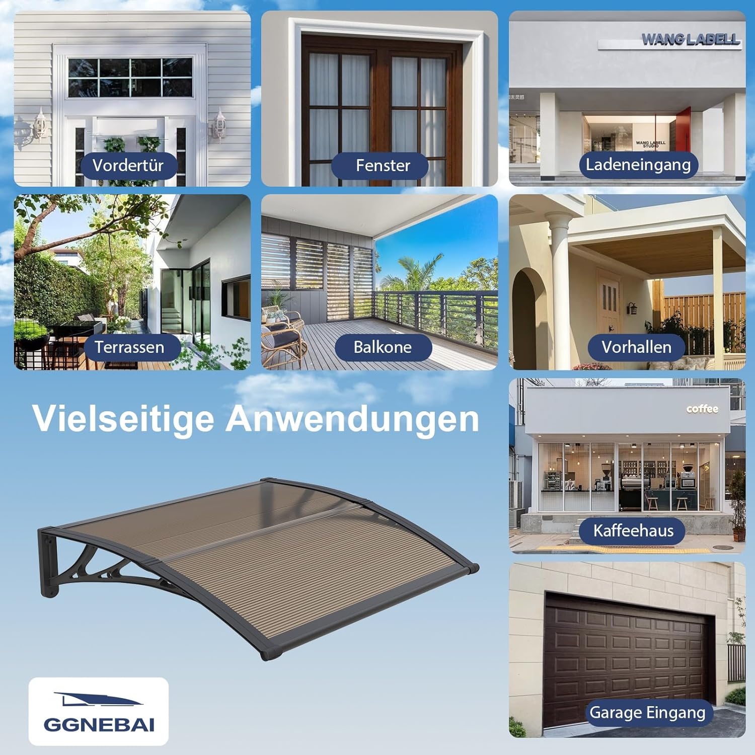 Vordach für Haustür,300x100cm Fenstervordach für Türen,Polycarbonat Pultvordach Überdachung für UV-,Regen- und Schneeschutz – Ideal für Veranda, Terrasse und Fenster