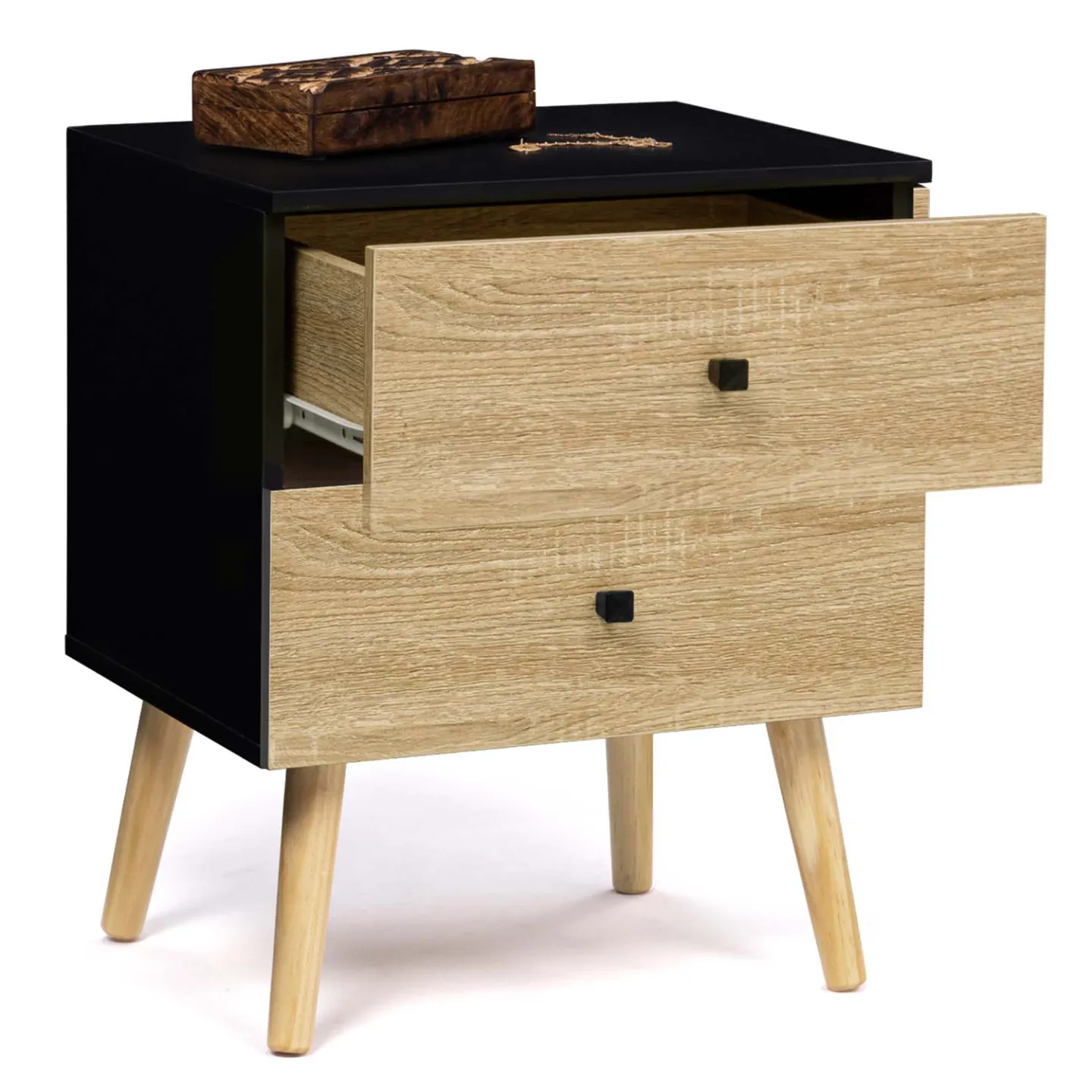 Lot de 2 tables de chevet EMMIE scandinaves 2 tiroirs noir et hêtre