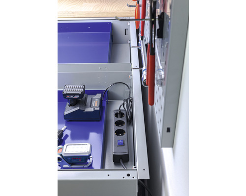 Industriële werkbank B 1.0, 1770 x 880 x 700 mm, 3 deuren, 3 laden, grijs/blauw