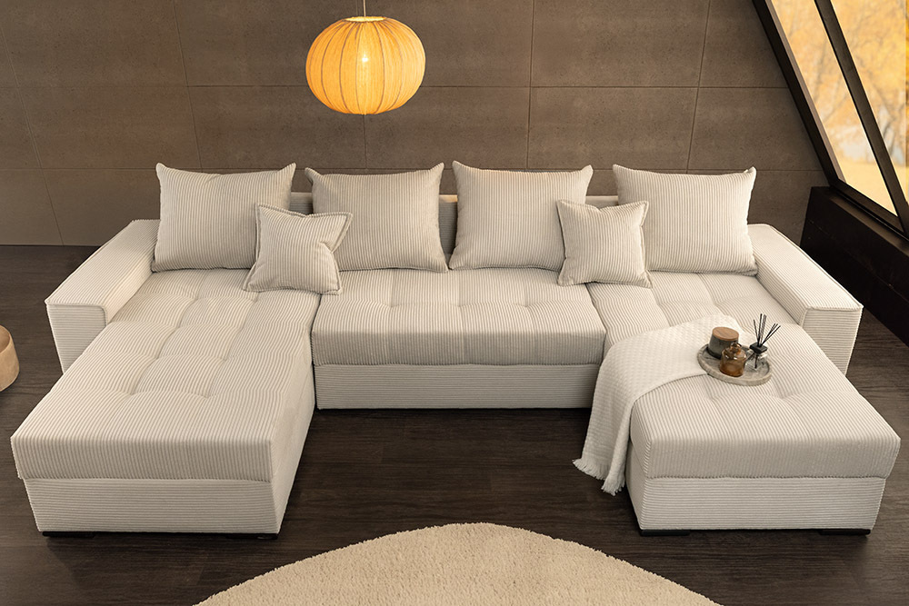 XXL Wohnlandschaft LODGE 315cm champagner beige Cord Sofa mit Schlaffunktion