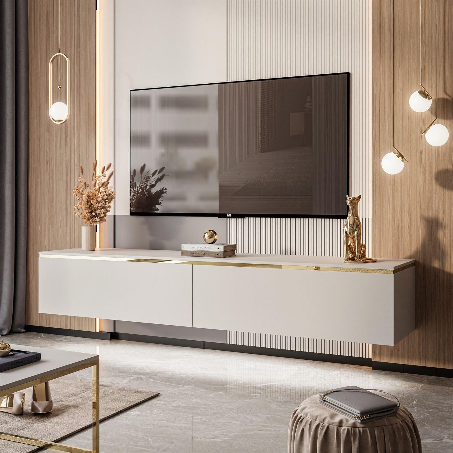 Lookway TV-Schrank Aurora Kaschmir Matt 180 cm Hängeschrank Oder Auf Füßen Gold Dekorative Leiste Mit LED-Option Modernes Wohnzimmermöbel (mit LED Beleuchtung, Hängend- ohne Beine)