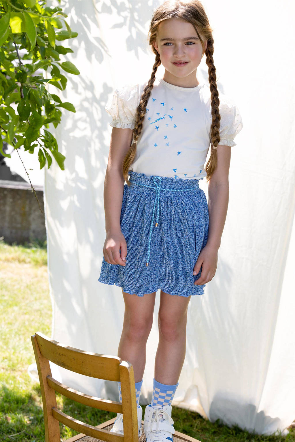 NONO rok Norah met all over print en textuur lichtblauw