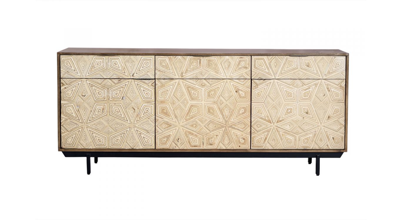 Bahut 3 tiroirs bois, métal marron 183x42x80cm - bois-métal