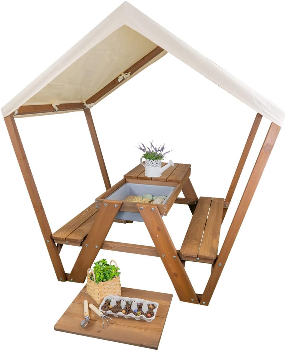 Meppi Kinder-Sitzgruppe Pellworm - braun aus Holz mit Dach - Tisch Stuhl Garnitur Sitzbank mit Tisch