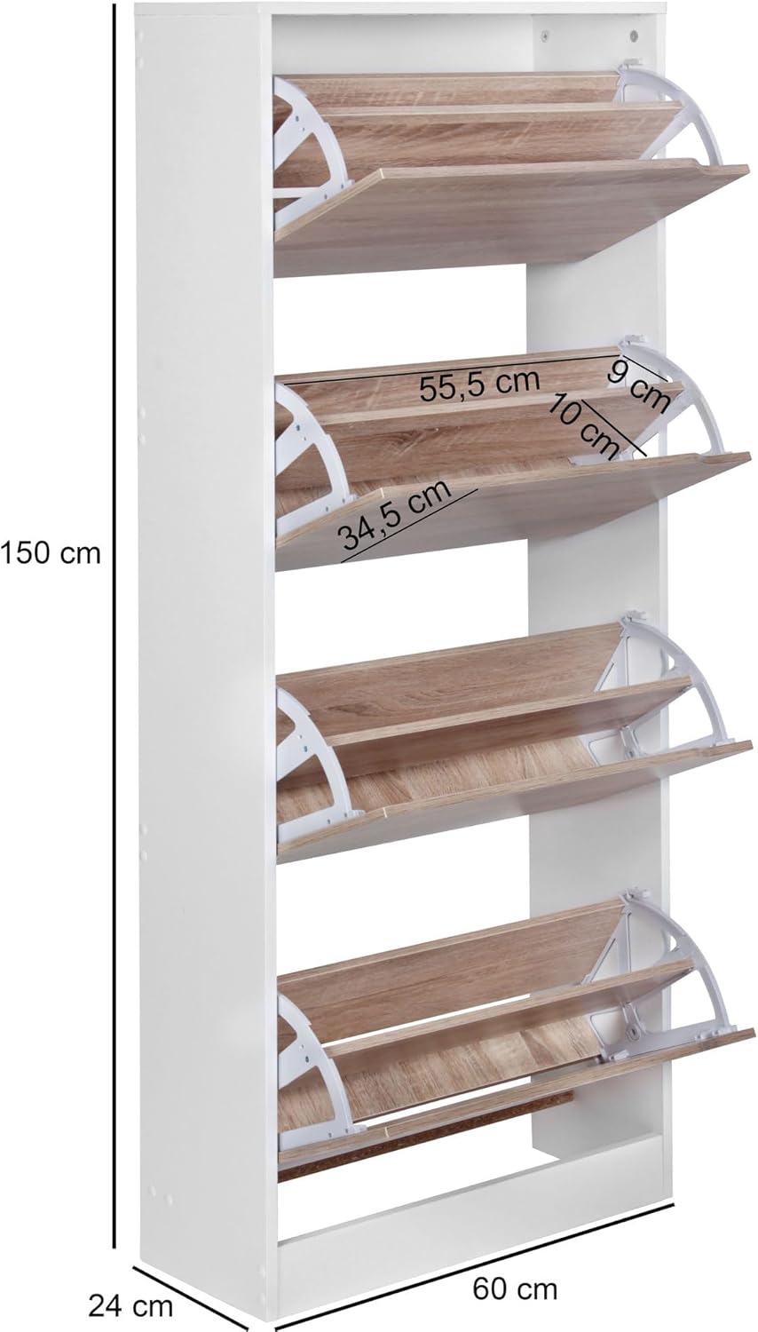 Wohnling Schuhschrank mit 4 Fächern zum Klappen Schuhkommode 150 cm Schuhregal für 24 Paar Schuhe Kommode Schuhkipper modern