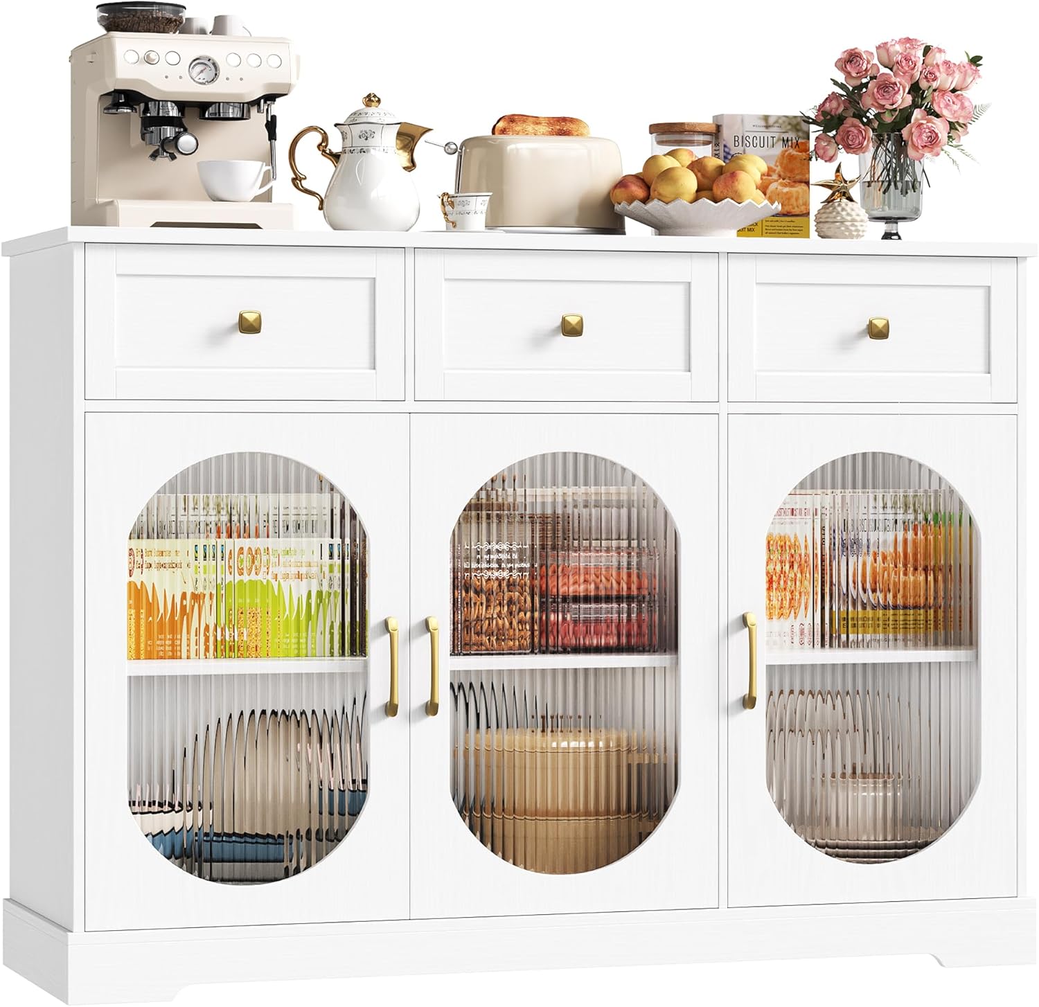 FirFurd Sideboard 120cm Breit Küchenschrank mit Arbeitsplatte Sideboard für Küche Wohnzimmer Buffetschrank mit 3 Schubladen & 3 Glasstüren Küchenbuffet mit Verstellbares Regal weiß 120x89x39.8cm