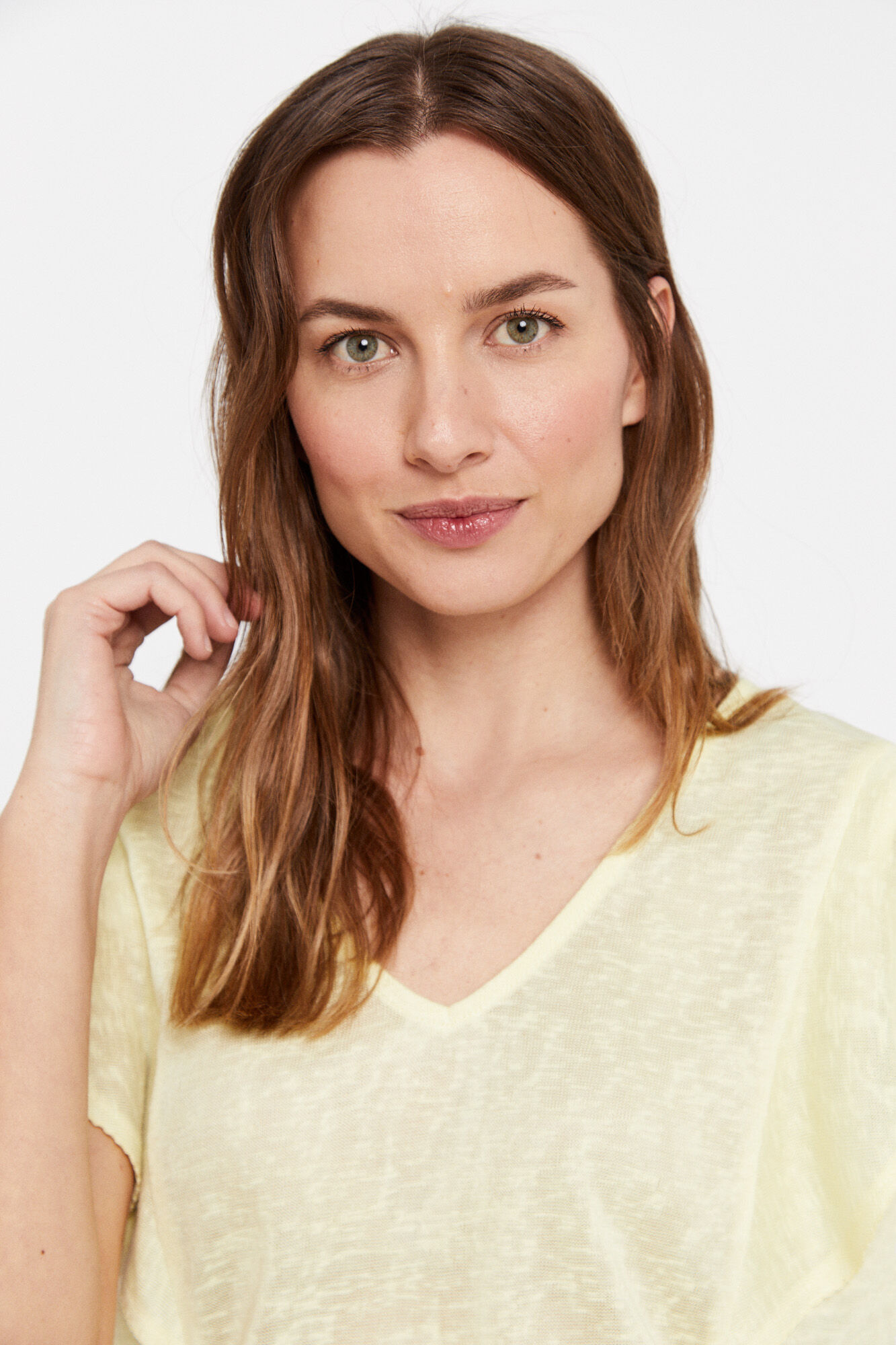 Camiseta com babados e efeito linho - Amarela