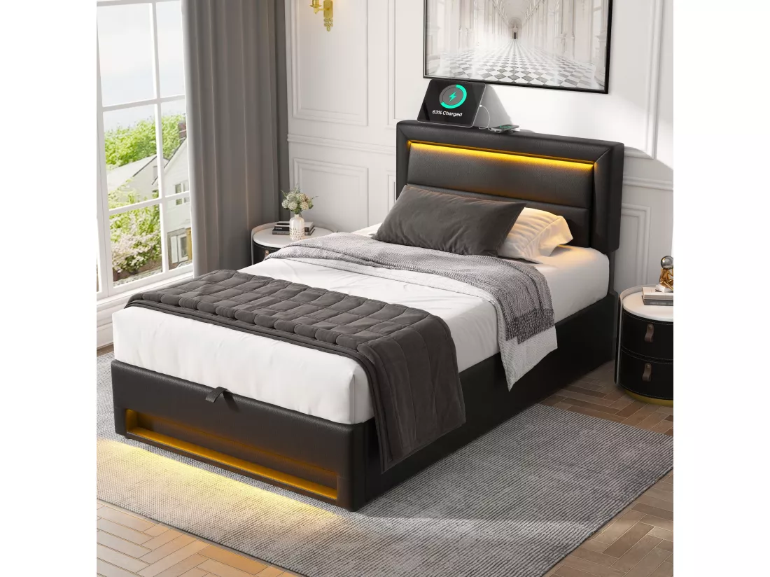 Lit coffre 90 x 200 cm avec tête de lit - Prises USB et LEDs - Cuir PU - Sommier à lattes - Noir(sans matelas)