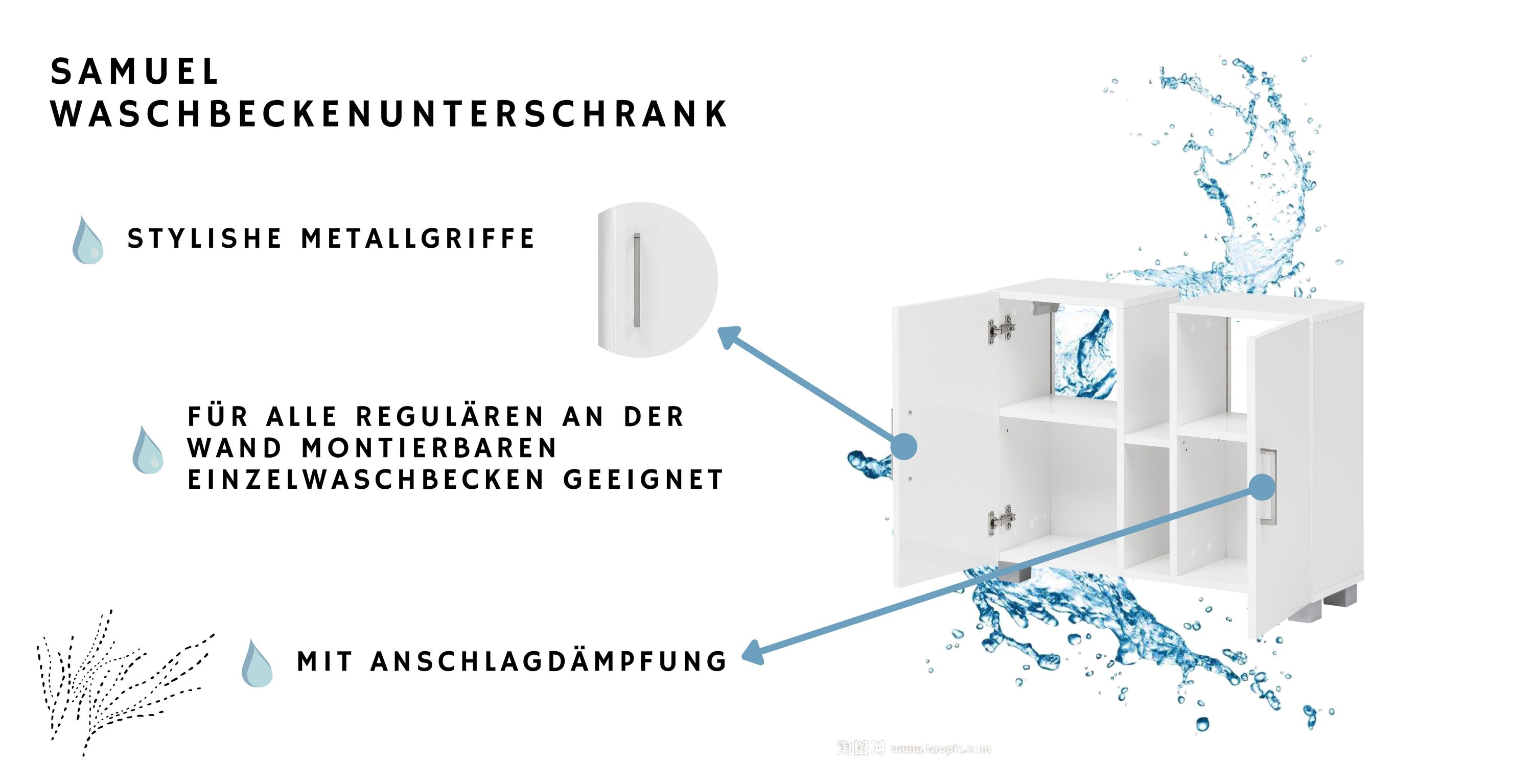 Badmöbel Waschbeckenunterschrank mit 2 Schranktüren und Metallgriffen Weiß