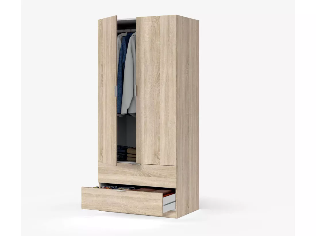 Armoire Darest, Armoire de chambre avec 2 portes et 2 tiroirs, Meubles de chambre avec penderie, 81x52h180 cm, Chêne