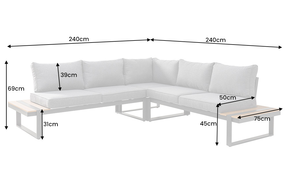 Moderne Garten Sitzgruppe TAMPA LOUNGE 240cm grau Aluminium wetterfest inkl. Sitzkissen