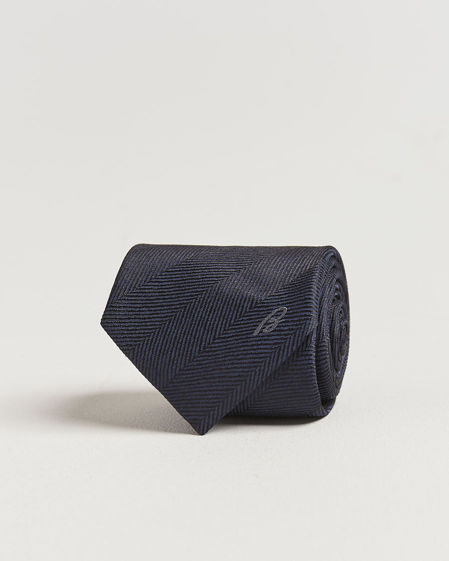 Brioni Herringbone Silk Tie Navy