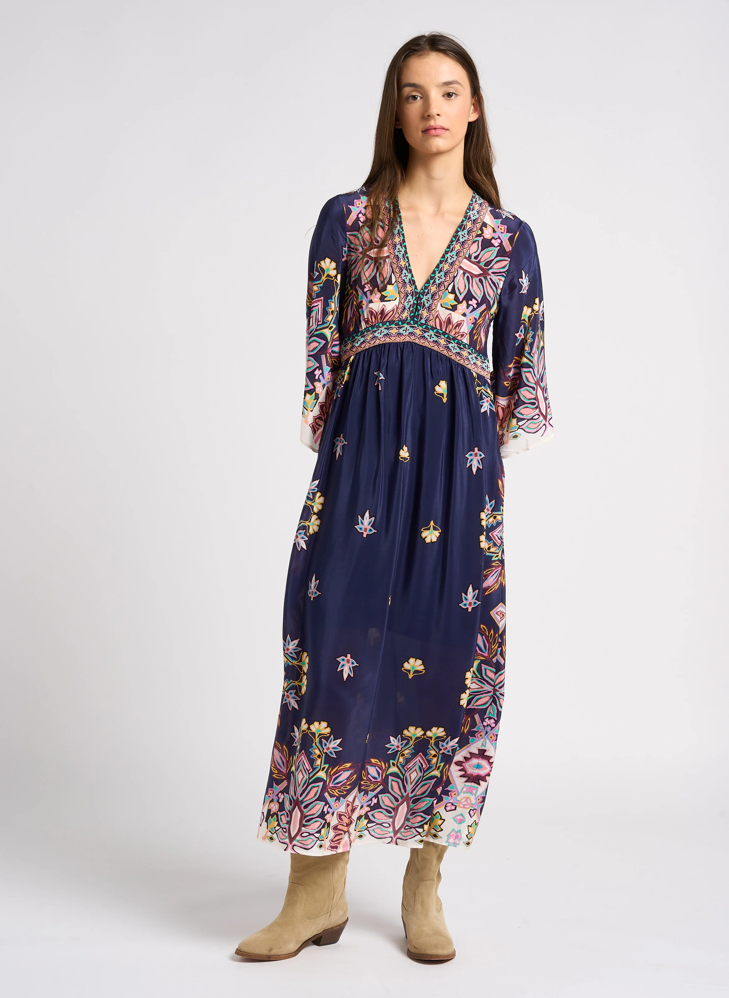 LUFIA - Robe longue évasée col V imprimée | Bleu