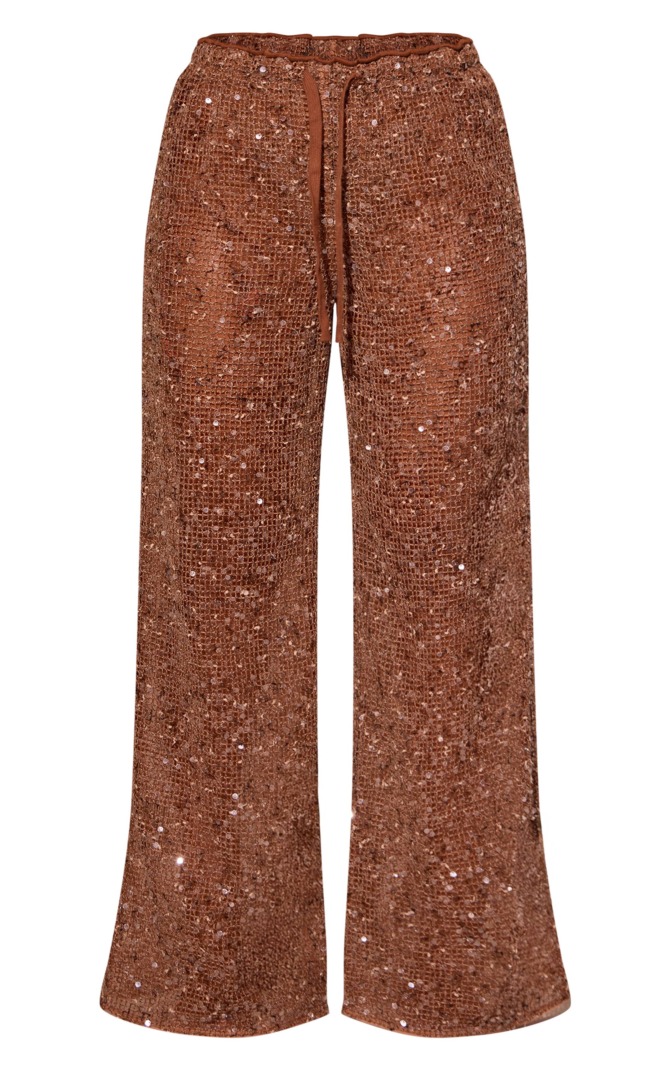 Marron Pantalon De Plage Transparent À Sequins Avec Cordon De Serrage