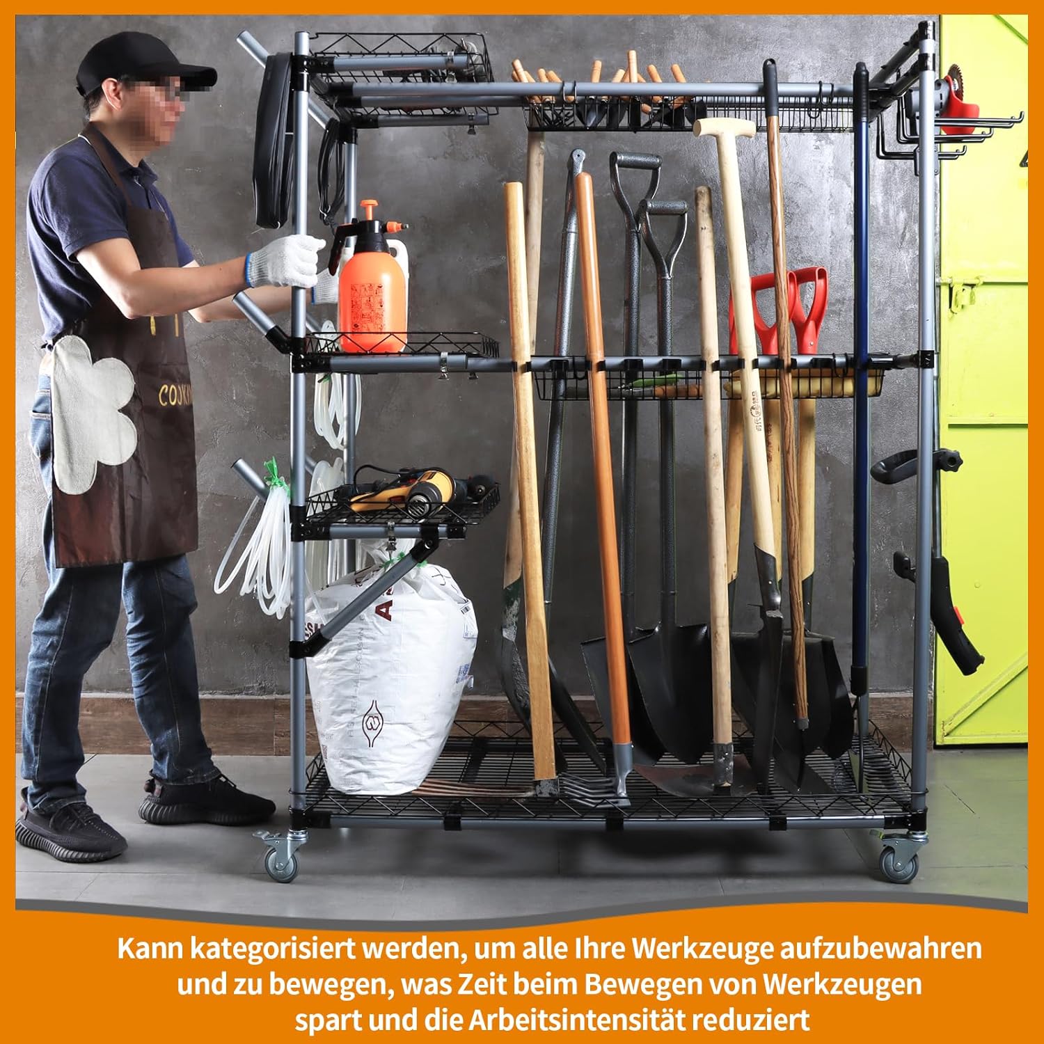 Großer Multifunktionaler Gartengeräteständer aus Metall – Mobiler Aufbewahrungswagen mit Rollen für Garage/Schuppen – Tragkraft 500 Pfund
