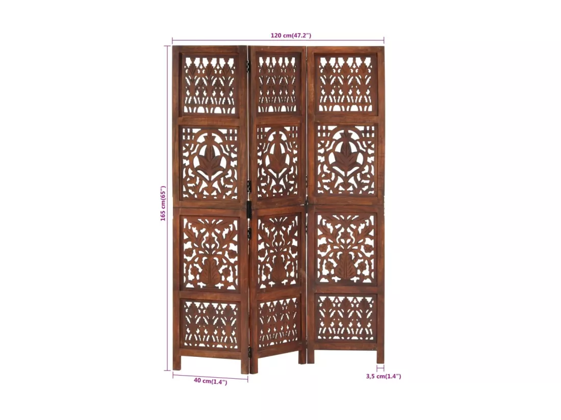 Cloison de séparation 3 panneaux Marron 120x165cm Bois manguier