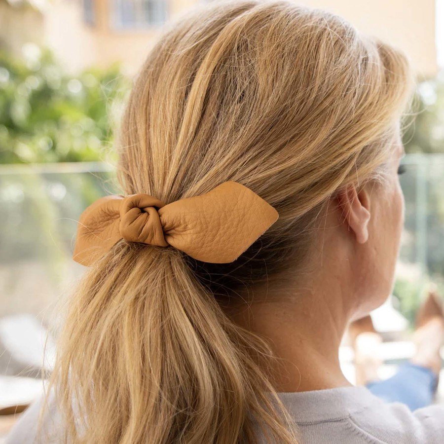 Corinne Leather Bow Big Hair Tie Camel