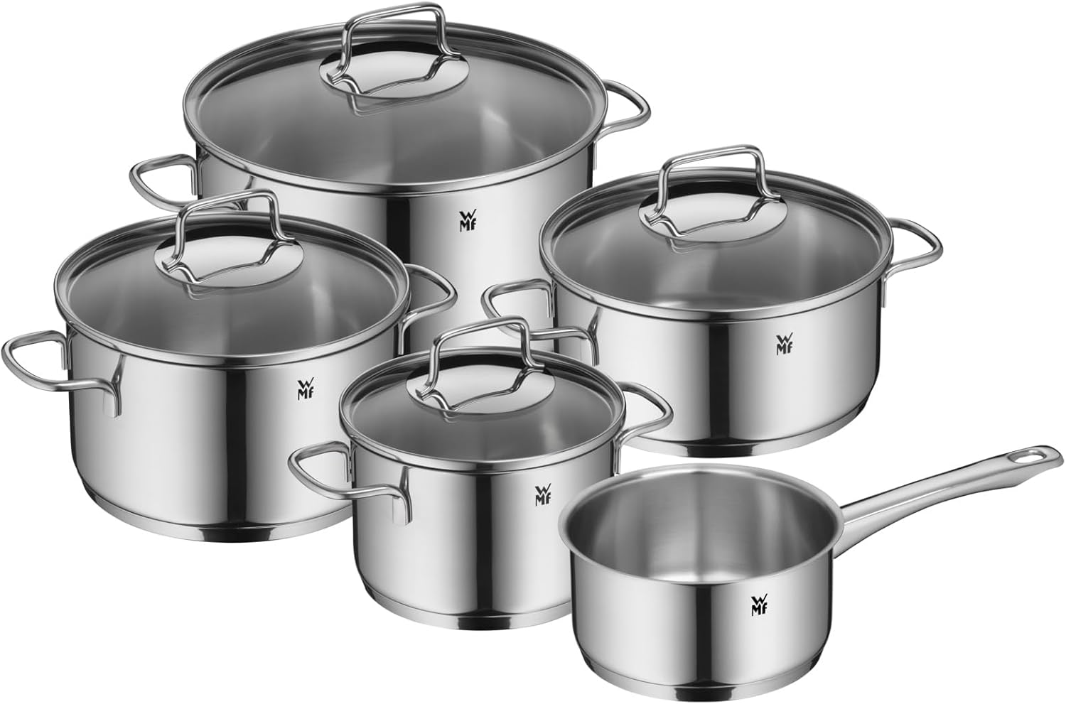 WMF Astoria Vorteils Topfset Induktion 5-teilig, Kochtopf Set mit Glasdeckel, Cromargan Edelstahl poliert, Induktions Töpfe Set unbeschichtet