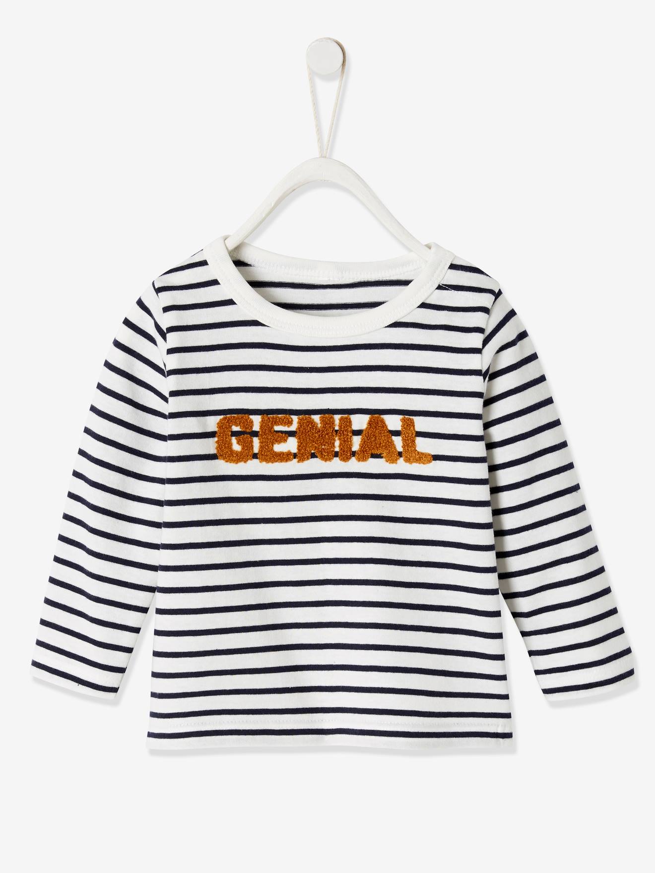 Camiseta listrada azul-escura com mensagem para bebê menino