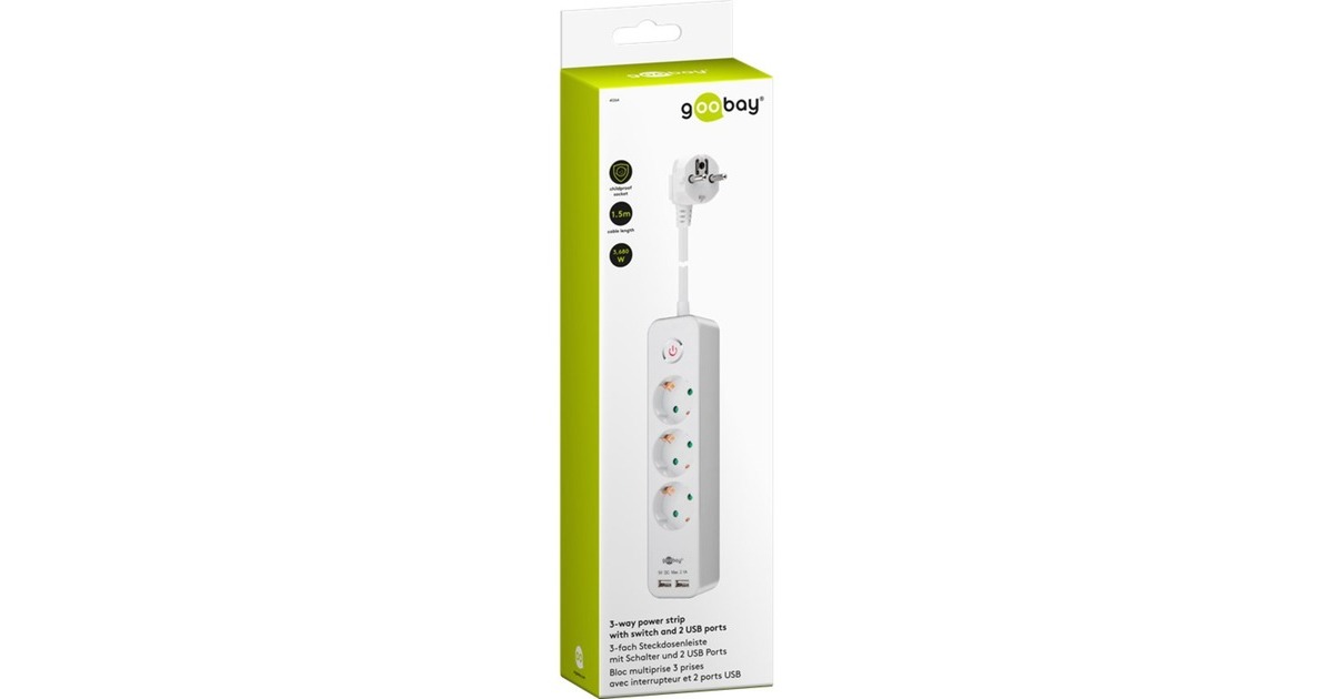 goobay3-Weg Stekkerdoos met schakelaar en USB stekkerdoos  (Wit, kabel 1.5 meter, 2x USB-A)