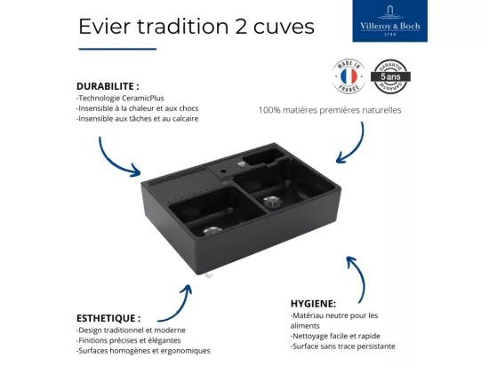 Evier 2 cuves timbre office VILLEROY ET BOCH Tradition Pure Black CeramicPlus avec vidage automatique