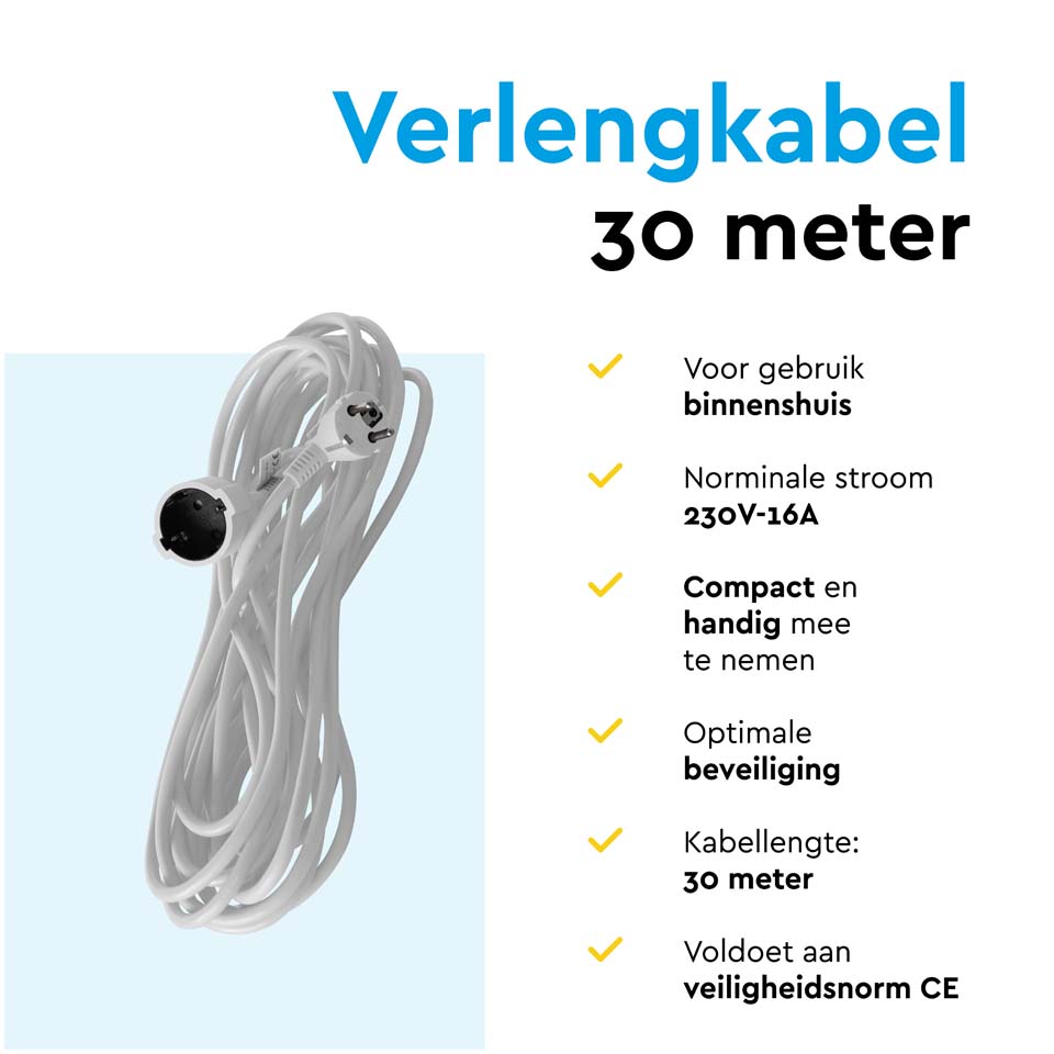 BRASQ 30 meter verlengsnoer met randaarde - White