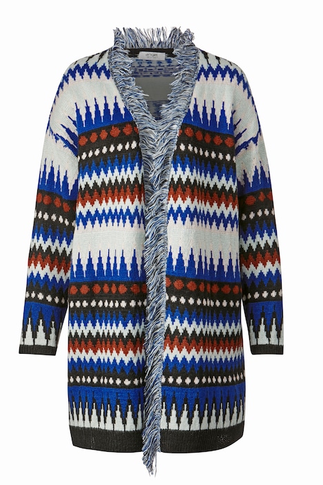 Long-Strickjacke, oversized, Zackenmuster, offene Form, Fransenkante