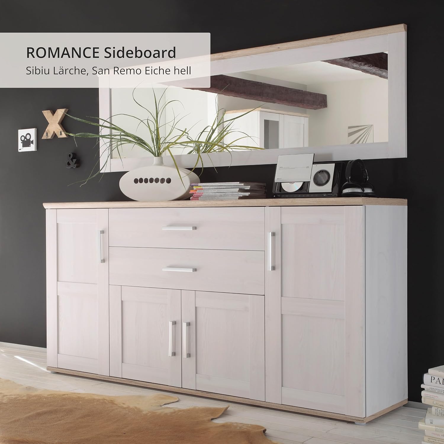 Stella Trading ROMANCE Sideboard in Sibiu Lärche / Eiche San Remo Optik - Landhausstil Kommode mit viel Stauraum für Ihr Wohnzimmer - 186 x 100 x 46 cm (B/H/T)