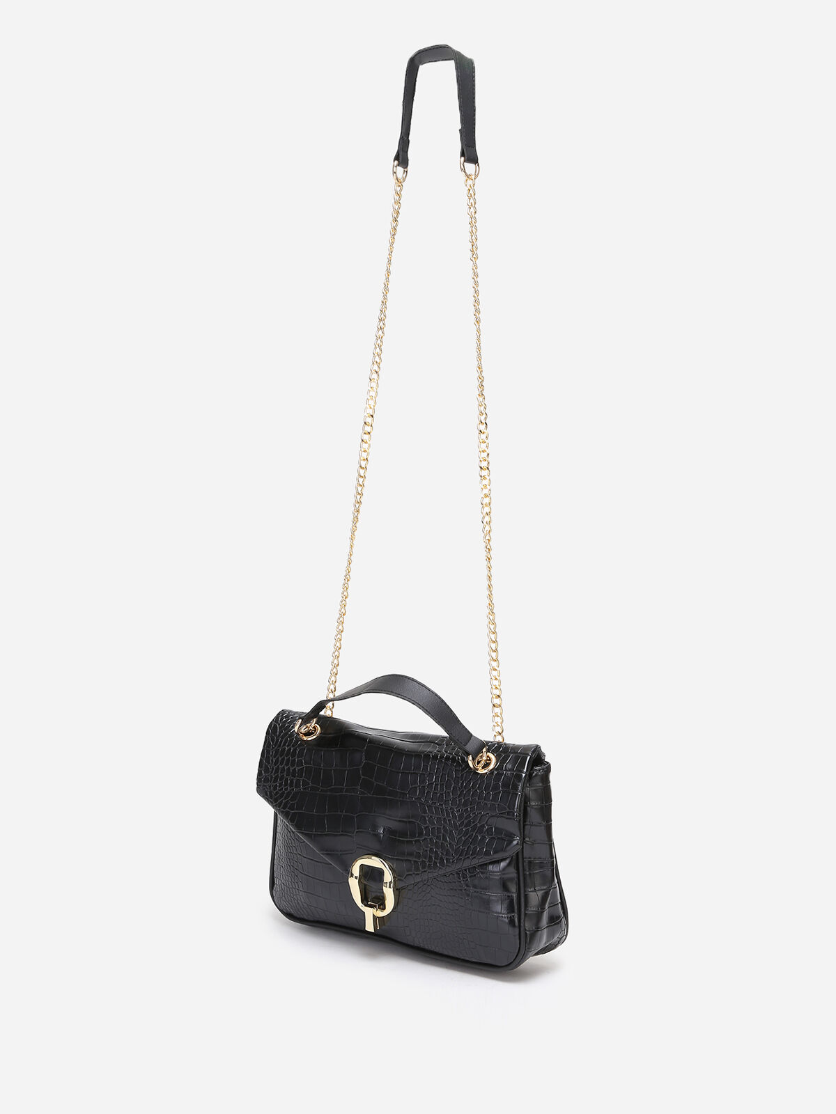 Sac à main effet croco à double anses- Noir