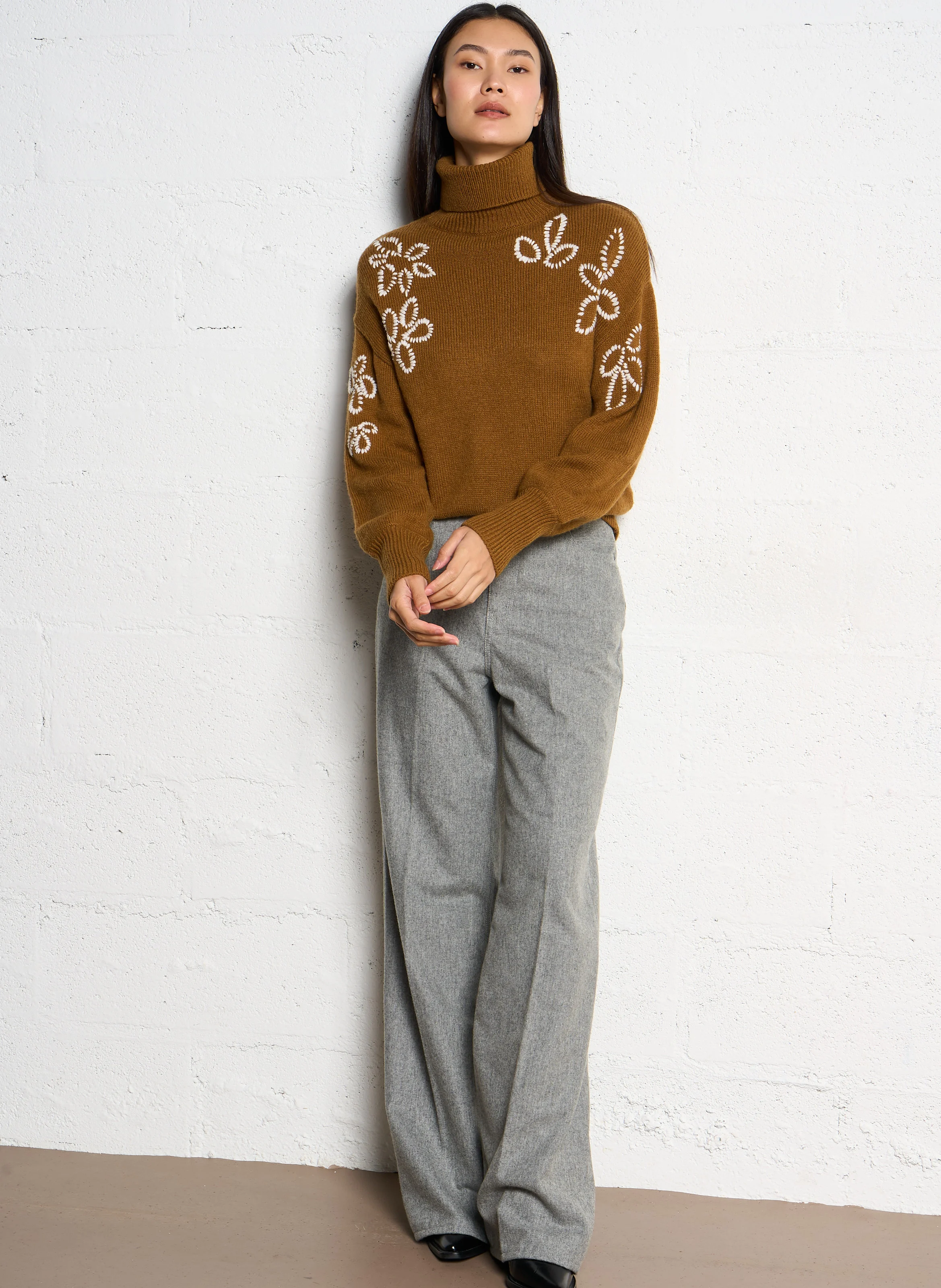 ENCA - Pantalon large en laine mélangée | Gris