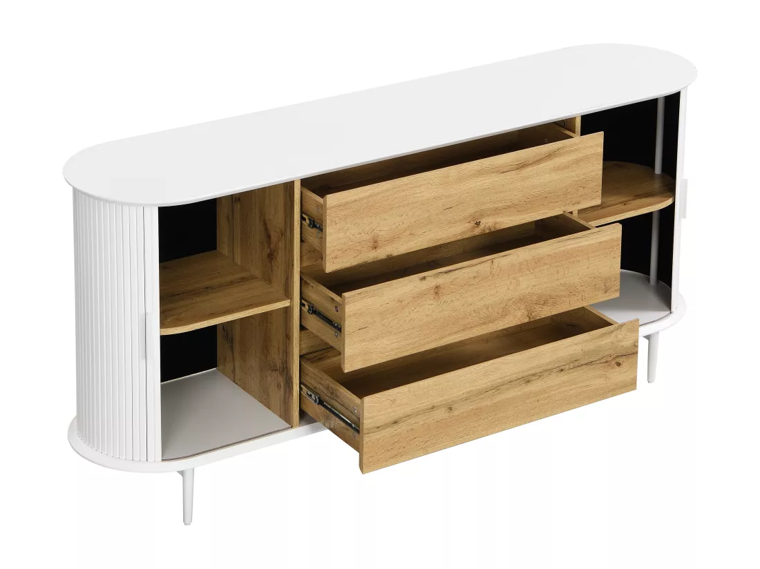 Buffet avec 2 portes coulissantes et 3 tiroirs en MDF - Blanc et naturel - VELURANI