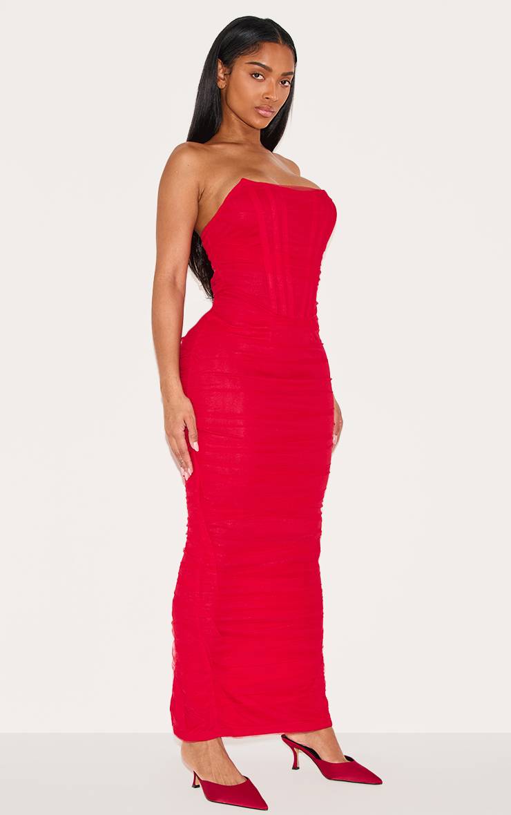 Rouge Robe Maxi Bandeau Corset En Mesh Sculptant